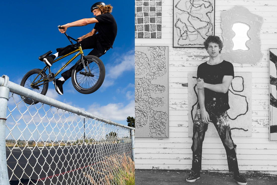 Action shot of Pro BMX rider doing a trick twisting bike and body backwards over a chain link fence