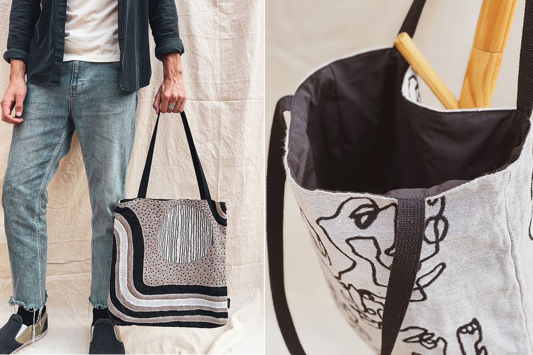 Man holding nitestripe tote bag by PAR KER made, with detail shot of jacquard woven bag showing inner lining and strap handle