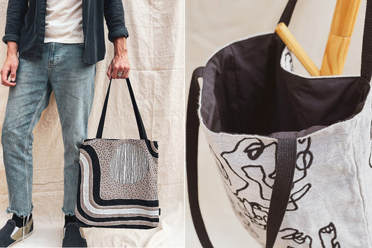 Man holding nitestripe tote bag by PAR KER made, with detail shot of jacquard woven bag showing inner lining and strap handle