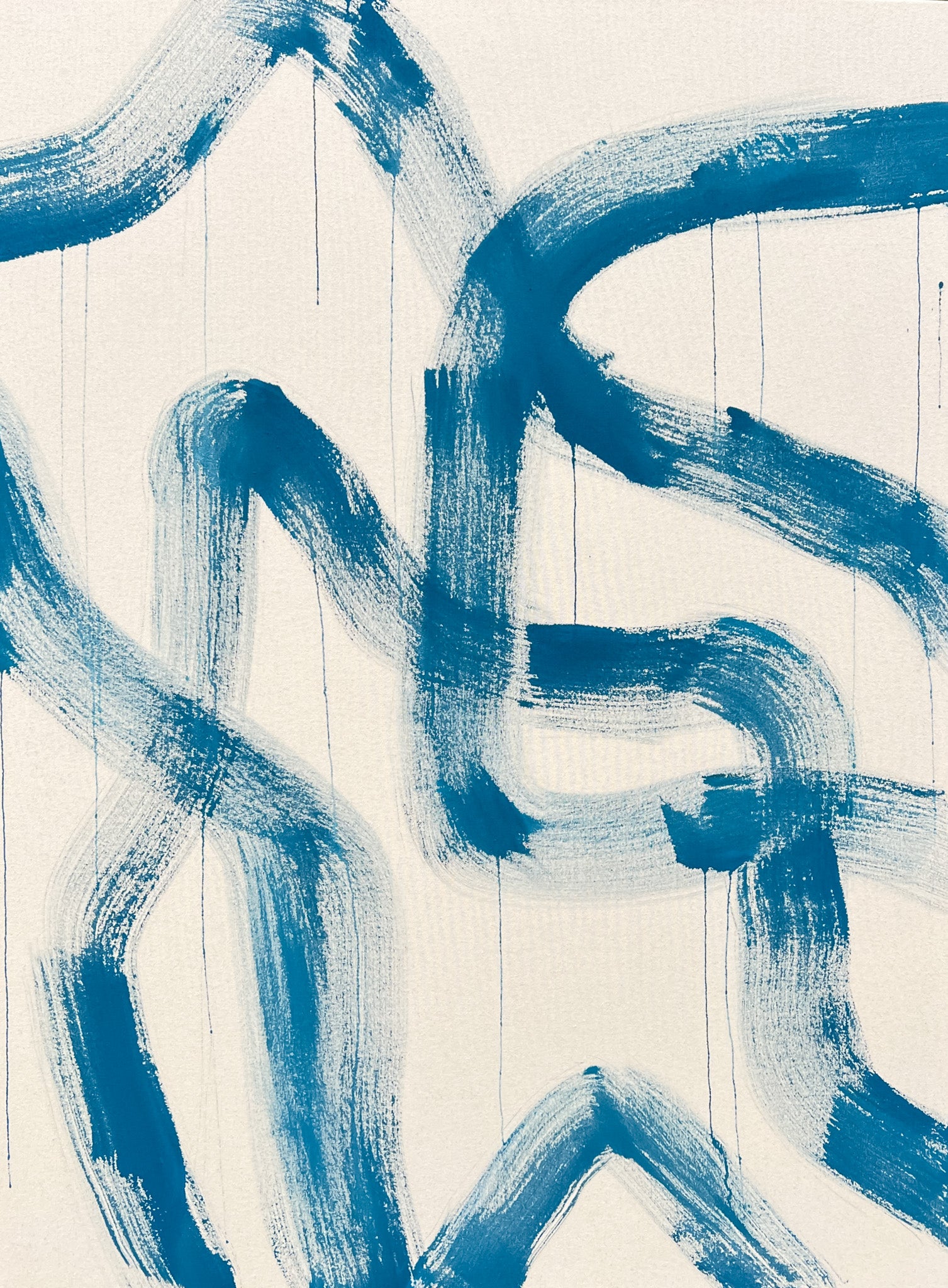 organic free flowing abstract art painting with neutral and blue tones, by Parker Heath