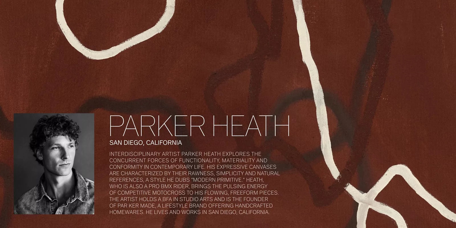 artist portrait for restoration hardware collab with parker heath, red abstract painting, with organic linework
