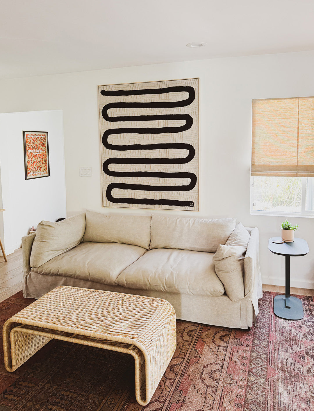 modern living room featuring woven abstract art piece, Natiiv, by Parker Heath