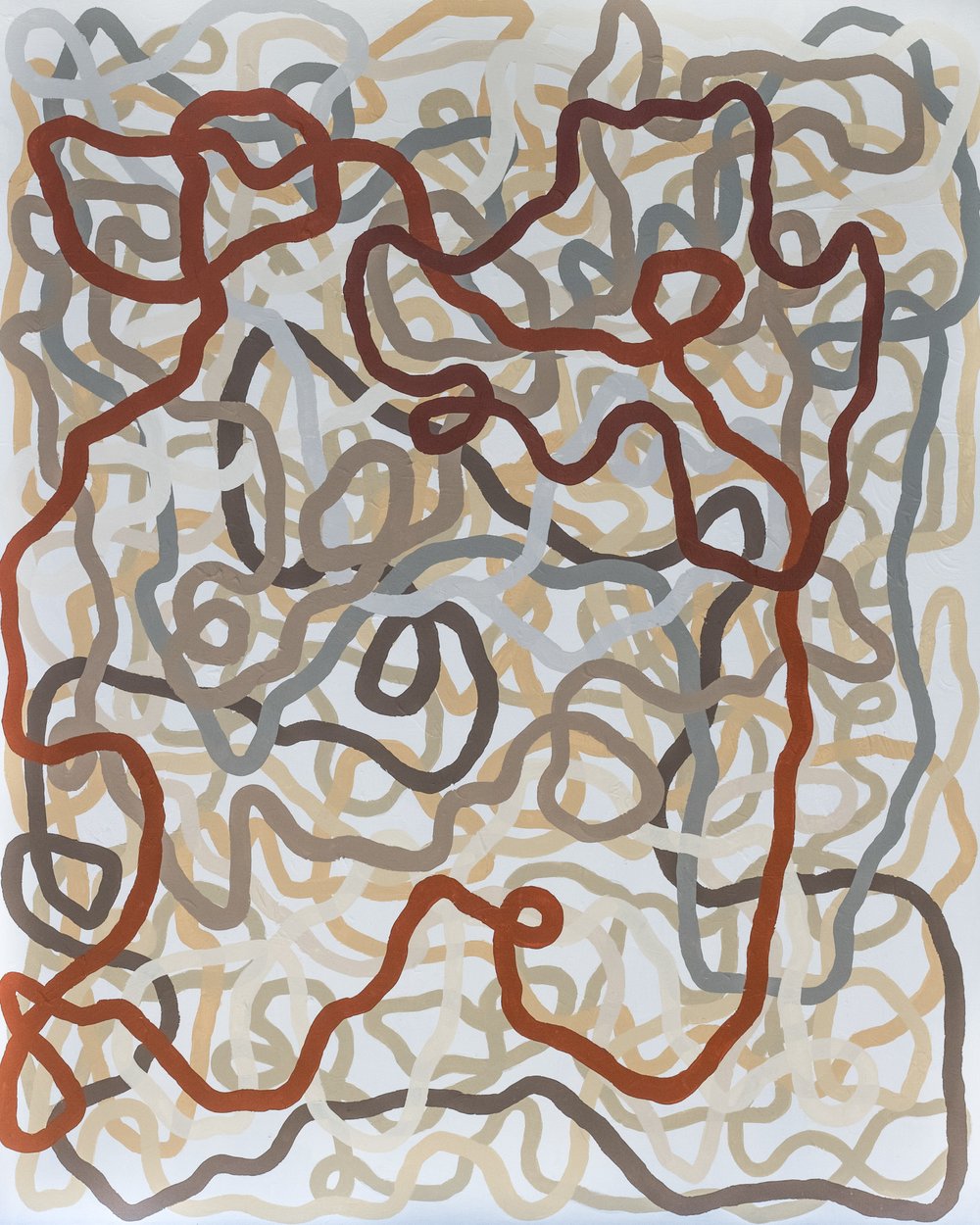 Original artwork titled Rebellion featuring long kinetic free flowing organic lines and forms in earth tones, made by artist Parker Heath