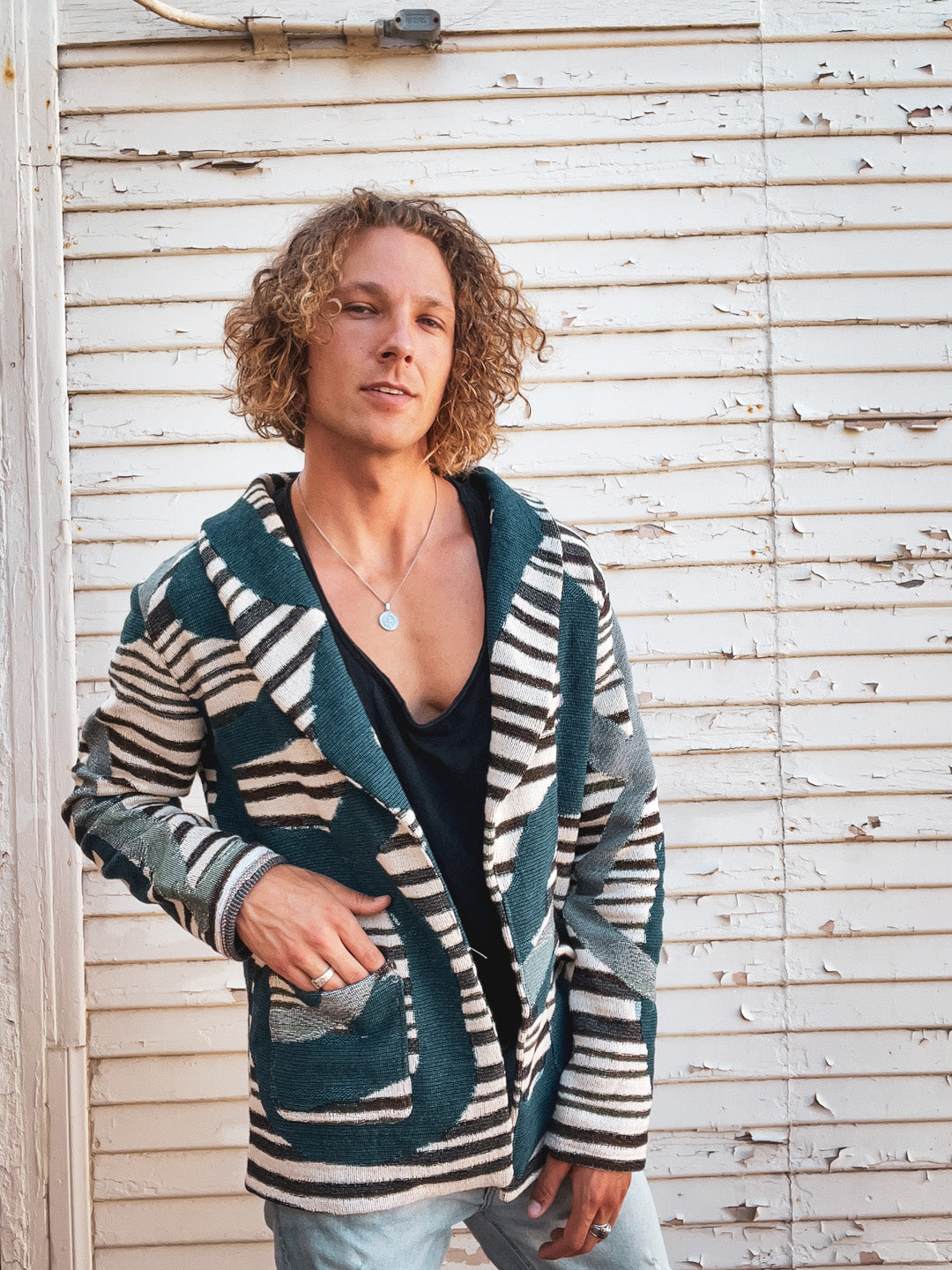 Abstract art woven jacket handcrafted from blanket textiles