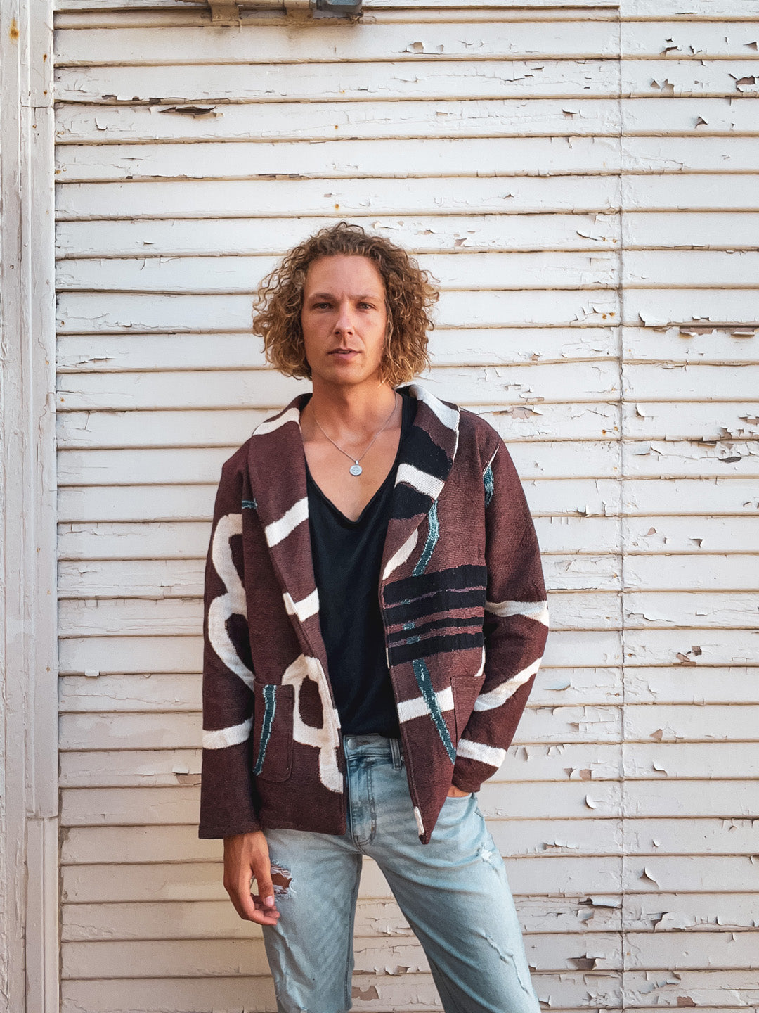 rtistic woven jacket in unique blazer-cardigan hybrid cut