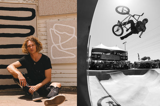 Artist portrait or PAR  KER made founder, pro bmx rider, doing a trick with hands and feet off bike